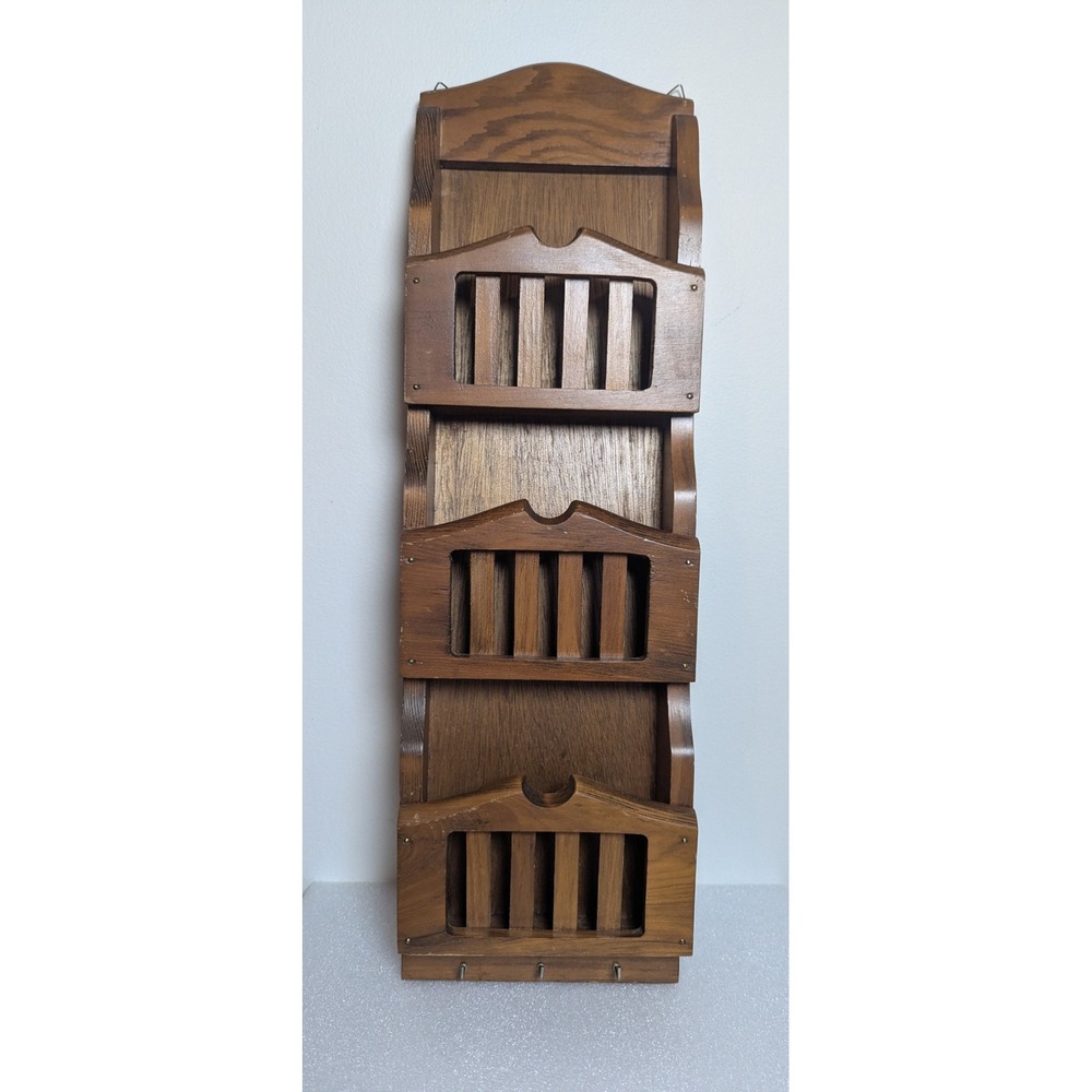 Vintage Wooden Wall Mail Organizer 3 Tier Letter Rack Key Holder Rustic Brown